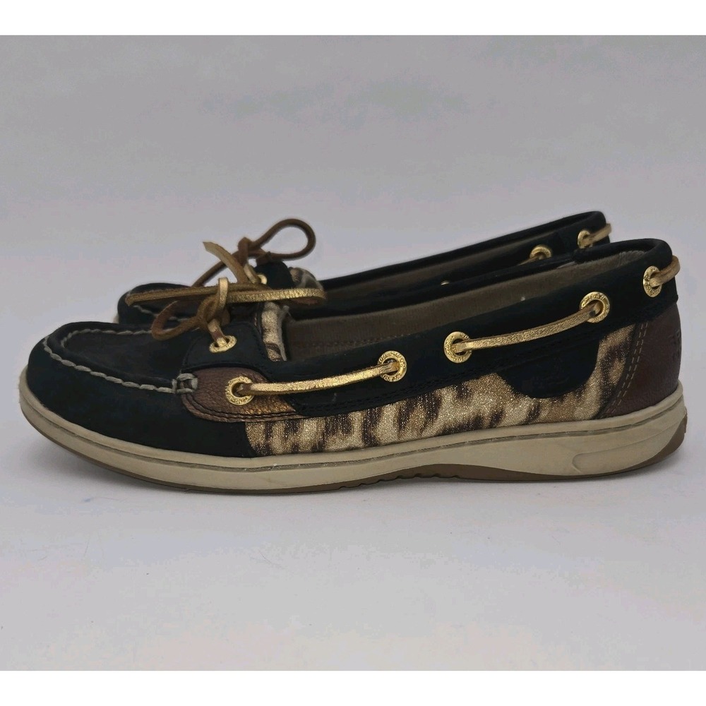 SPERRY Top Sider 60556 Black Gold Leopard Print Slip On Boat Shoe Women Size 6.5